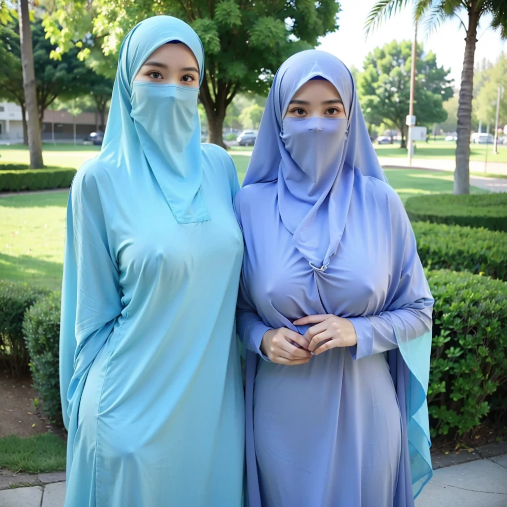 a beautiful young woman hijab, (((super big breast))), (very big breast covered), (Big breast), bare breast, perfect face, (((very huge big breast,))), ((( Big Breast))) long dress muslim, (((covering mouth, long veil))), Slim Face、20 years old, stil young, Pretty Lady, smile eyes, stand up, (big breast covered) , see full body, park