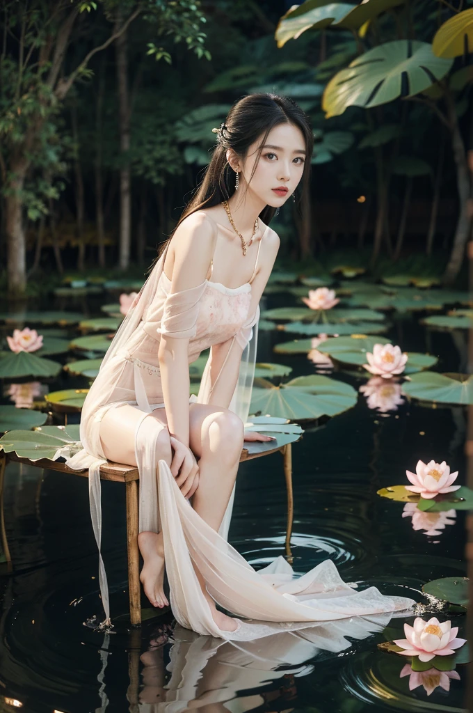 (((best quality))),(((ultra detailed))),(((masterpiece))),illustration,((1 beautiful young girl,solo)),((slim,thin)),(shoulder length straight hair:1.2),((earrings,necklace)),((small breasts,flat chest)),(see through traditional pink sheer Hanfu dress:1.3),((slender legs,bare legs,loafers)),(beside the lotus pond full of lotus flowers:1.3), serene moonlight, ethereal,floral pattern, water movement, billowing fabric, tranquil,petals, fireflies, magical, light,warm light, dreams, invitation, (sitting:1.3),(arms behind back:1.3),(spread legs apart:1.3),gazing, reflection, inner thoughts, emotional, sweet scent, natural beauty, solitude, hypnotic lull, eternal summer,(night scene:1.3), natural world, human spirit, celebration, backdrop, water, glow,((from front,full body))