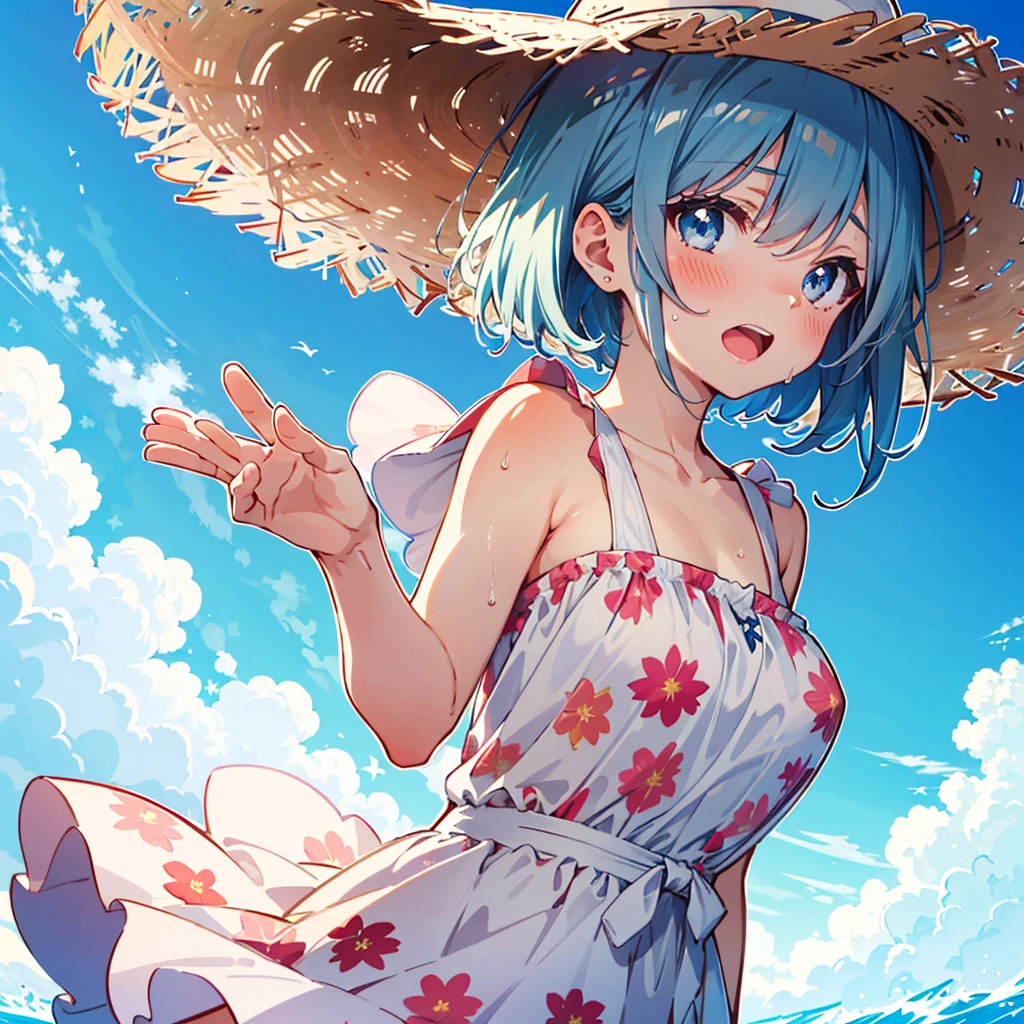 Absurd, Masterpiece, Best Quality, (Super Detailed), (Nice Hands, Perfect Hands), Ideal Proportions of the Body, BREAK (Vector Outline, Flat Color: 1.3), ((1girl)), Solo , stand, (raised hand) ), from the side, upper body close-up, big breasts, from below, on the sandy beach, blue sky, wind, rim light, sunlight, beautiful lighting, BREAK cute girl, 7 , (young: 1.8), fine blue eyes , (Eye highlights), Silver medium bob hair: 1.2), Medium breasts, Surprised, Wide open mouth, (Full blush), Sweat, Floating hair, BREAK (wearing floral sundress), (Floating skirt) , No panties: 1.3), Straw hat, Erotic position,