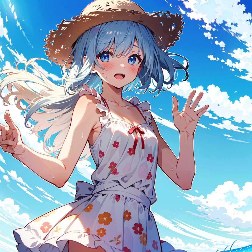 Absurd, Masterpiece, Best Quality, (Super Detailed), (Nice Hands, Perfect Hands), Ideal Proportions of the Body, BREAK (Vector Outline, Flat Color: 1.3), ((1girl)), Solo , stand, (raised hand) ), from the side, upper body close-up, big breasts, from below, on the sandy beach, blue sky, wind, rim light, sunlight, beautiful lighting, BREAK cute girl, 7 years old, (young: 1.8), fine blue eyes , (Eye highlights), Silver medium bob hair: 1.2), Medium breasts, Surprised, Wide open mouth, (Full blush), Sweat, Floating hair, BREAK (wearing floral sundress), (Floating skirt) , No panties: 1.3), Straw hat, Erotic position,