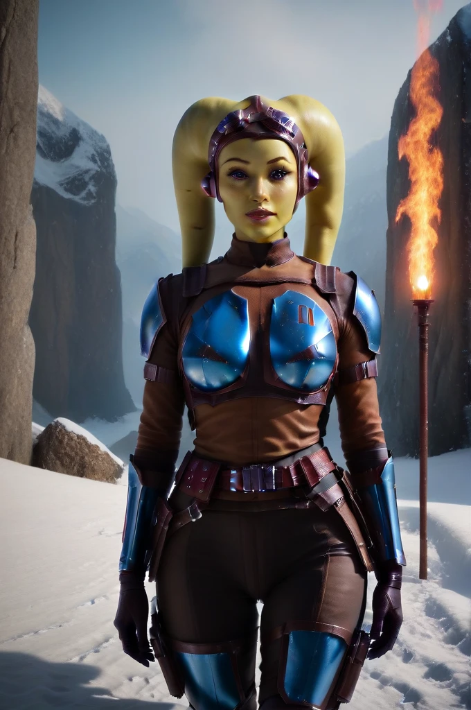 a ((fall body)) hera syndulla 
 ((female twi'lek ))mandalorian,walking on snow fire, beautiful detailed eyes, beautiful detailed lips, extremely detailed face, long eyelashes, mandalorian armor, sci-fi, cinematic lighting, dramatic, epic, intricate details, hyper-realistic, 8k, high-quality, photorealistic
