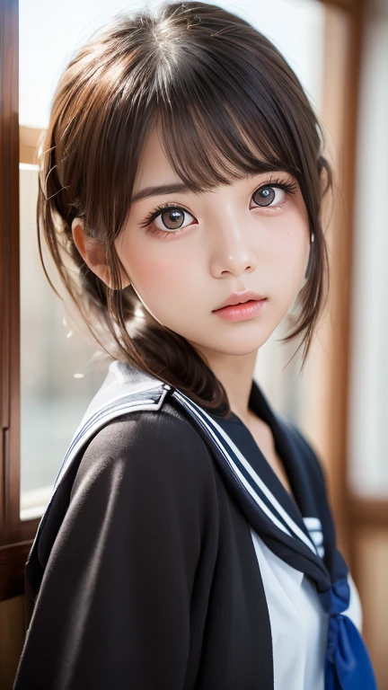 One Girl,(1人のとてもcute女の子:1.3),masterpiece,Highest quality,High resolution,beautiful girl,(18-year-old:1.3),cute,Big eyes,(Detailed pupil:1.2),(The face is facing straight ahead:1.3),Body facing forward,Beautiful Nose,Fuller lips,Short black hair,ponytail,short hair,Fine eyelashes,Thin eyebrows,Definition of very fine particles,(Symmetrical eyes:1.3),(Face close-up,Face Focus:1.0),Sailor suit,Student Style,Portraiture,Show Viewer,Cinema Lighting,High resolution,Very detailed