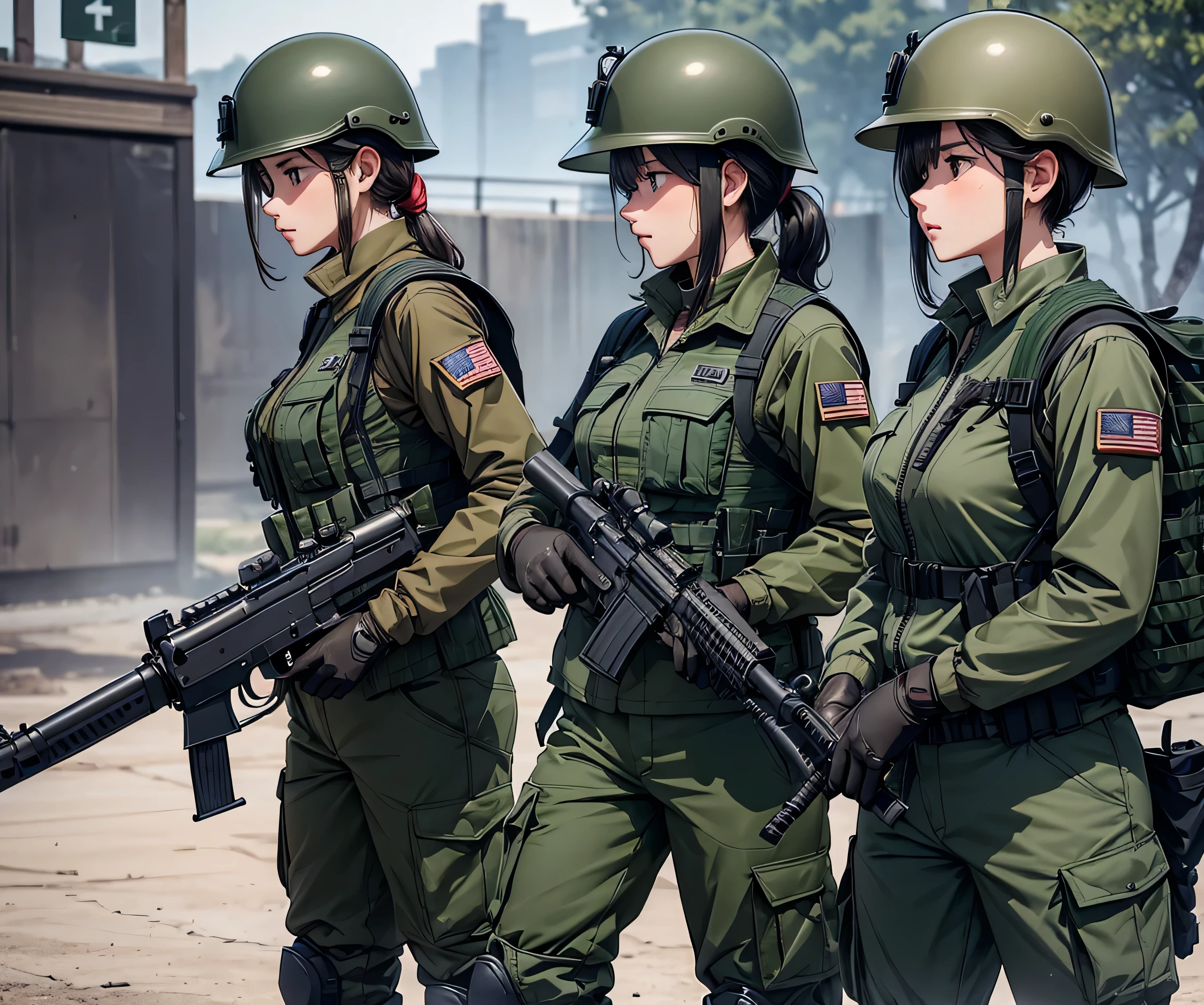 A group of female infantrymen with guns rushed into the base、Gun aimed forward、Wearing dark green M-51 military windbreaker、Wear a steel helmet、Tactical Vest、Gloves、Military Pants、Knee pads,Write details、masterpiece、best quality、Highly detailed CG、8K picture quality