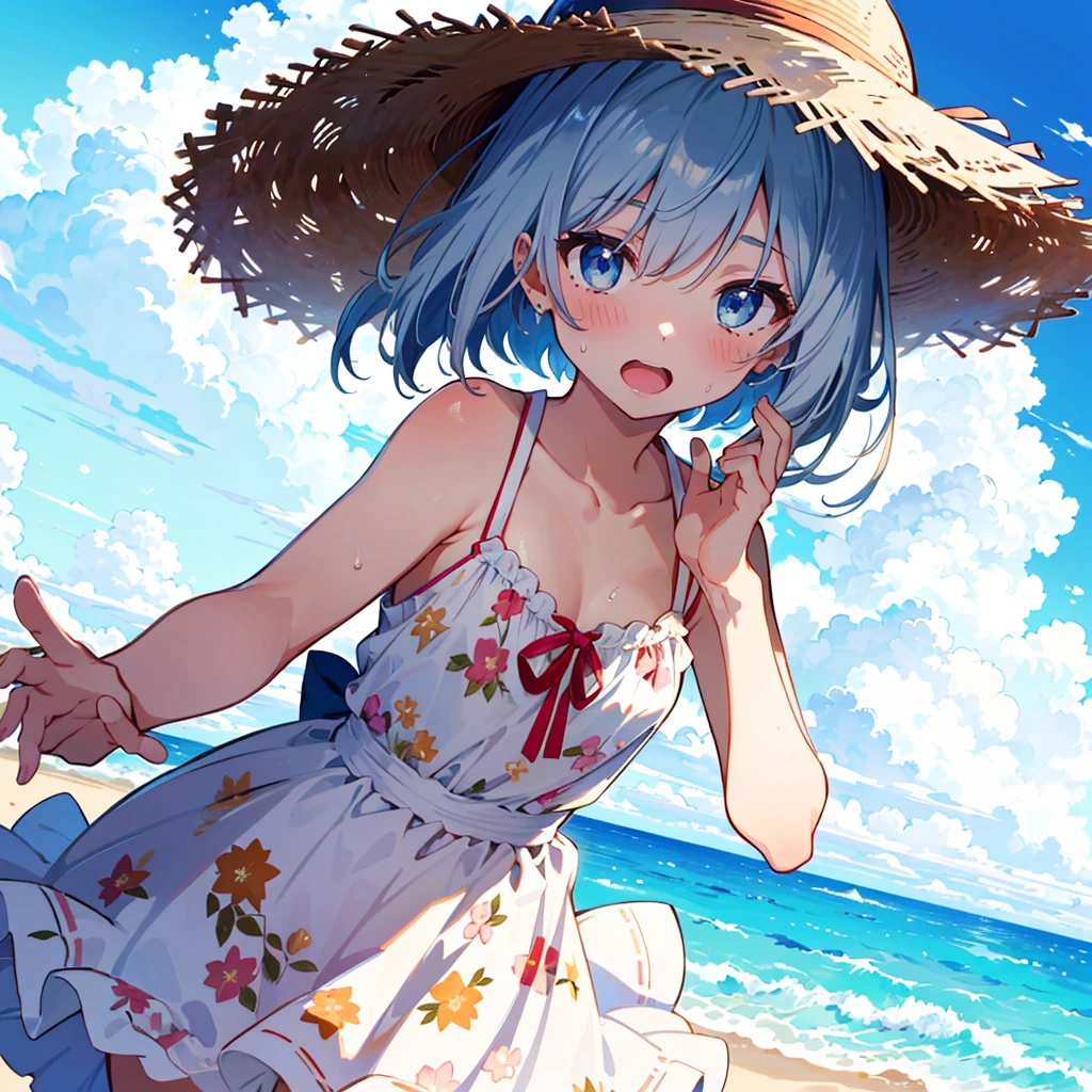 Absurd, Masterpiece, Best Quality, (Super Detailed), (Nice Hands, Perfect Hands), Ideal Proportions of the Body, BREAK (Vector Outline, Flat Color: 1.3), ((1girl)), Solo , stand, (raised hand) ), from the side, upper body close-up, big breasts, from below, on the sandy beach, blue sky, wind, rim light, sunlight, beautiful lighting, BREAK cute girl, 7 years old, (young: 1.8), fine blue eyes , (Eye highlights), Silver medium bob hair: 1.2), Medium breasts, Surprised, Wide open mouth, (Full blush), Sweat, Floating hair, BREAK (wearing floral sundress), (Floating skirt) , No panties: 1.3), Straw hat, Erotic position,
