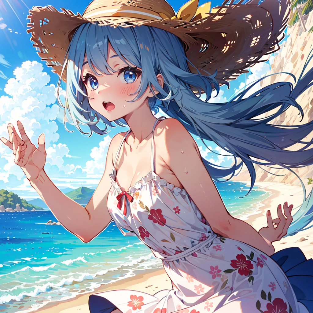 Absurd, Masterpiece, Best Quality, (Super Detailed), (Nice Hands, Perfect Hands), Ideal Proportions of the Body, BREAK (Vector Outline, Flat Color: 1.3), ((1girl)), Solo , stand, (raised hand) ), from the side, upper body close-up, big breasts, from below, on the sandy beach, blue sky, wind, rim light, sunlight, beautiful lighting, BREAK cute girl, , (young: 1.8), fine blue eyes , (Eye highlights), Silver medium bob hair: 1.2), Medium breasts, Surprised, Wide open mouth, (Full blush), Sweat, Floating hair, BREAK (wearing floral sundress), (Floating skirt) , No panties: 1.3), Straw hat, Erotic position,