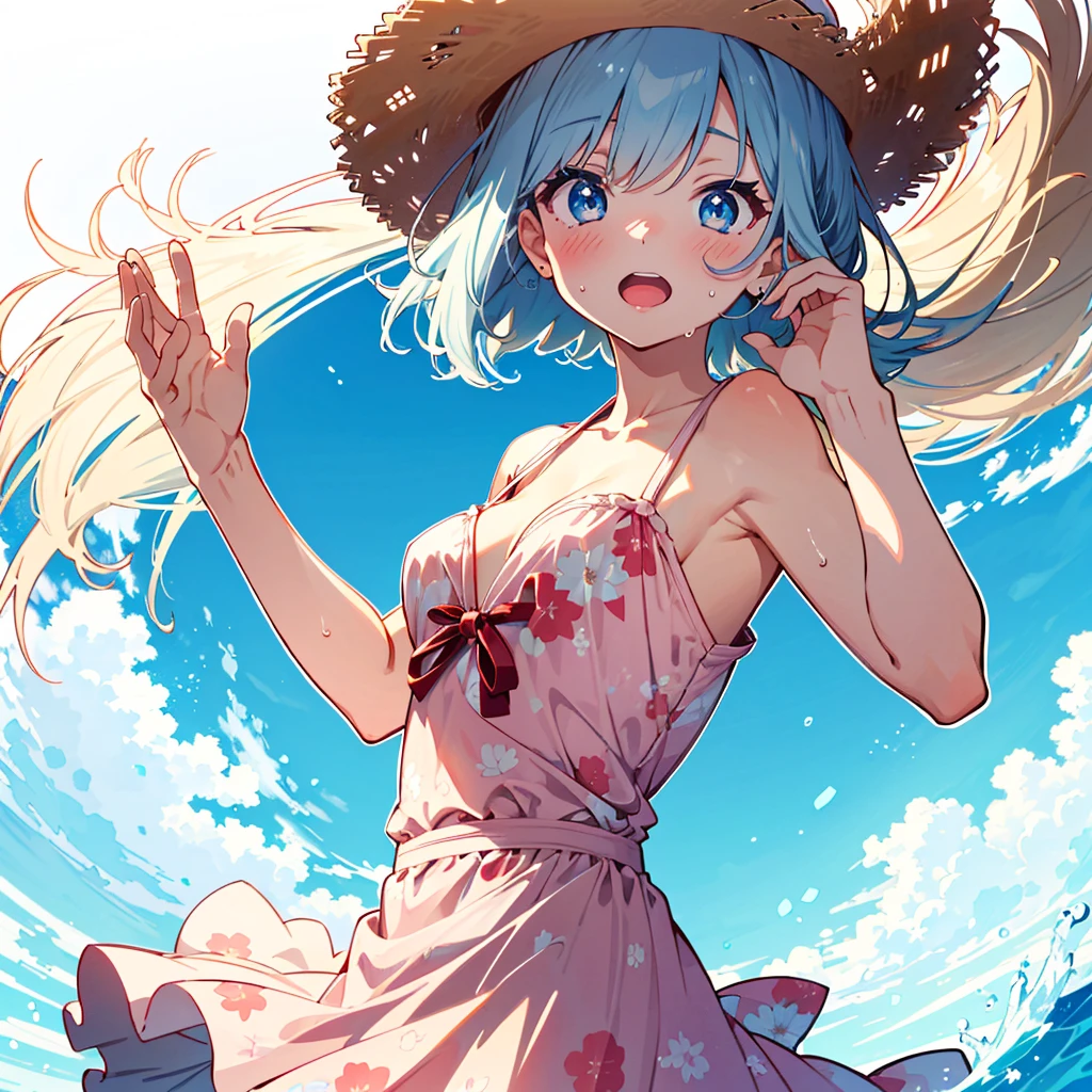 Absurd, Masterpiece, Best Quality, (Super Detailed), (Nice Hands, Perfect Hands), Ideal Proportions of the Body, BREAK (Vector Outline, Flat Color: 1.3), ((1girl)), Solo , stand, (raised hand) ), from the side, upper body close-up, big breasts, from below, on the sandy beach, blue sky, wind, rim light, sunlight, beautiful lighting, BREAK cute girl, , (young: 1.8), fine blue eyes , (Eye highlights), Silver medium bob hair: 1.2), Medium breasts, Surprised, Wide open mouth, (Full blush), Sweat, Floating hair, BREAK (wearing floral sundress), (Floating skirt) , No panties: 1.3), Straw hat, Erotic position,