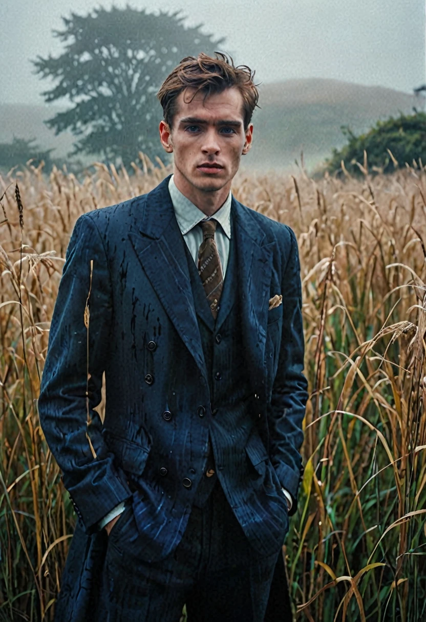 a man stands behind tall grass, in the style of fashion photography, scottish landscapes, light bronze and dark blue, deconstructed tailoring, foggy, thick mist, close-up shots, brooding mood --ar 132:161 --s 750 --v 5.2