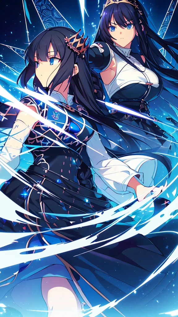 best quality, extremely detailed,anime style girl,long hair down to the waist, straight hair, ((dark black hair with bluish)),braid,beautiful detailed eyes, pinched eyes, (dark blue eyes),huge breasts,curvy,((((white main princess battle dress)))),clothing with complex patterns,cool expression,((((mysterious nature)))),((Diagonal angle)),dynamic angle