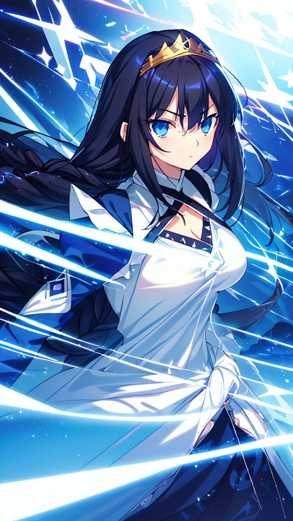 best quality, extremely detailed,anime style girl,long hair down to the waist, straight hair, ((dark black hair with bluish)),braid,beautiful detailed eyes, pinched eyes, (dark blue eyes),huge breasts,curvy,((((white main princess battle dress)))),clothing with complex patterns,cool expression,((((mysterious nature)))),((Diagonal angle)),dynamic angle