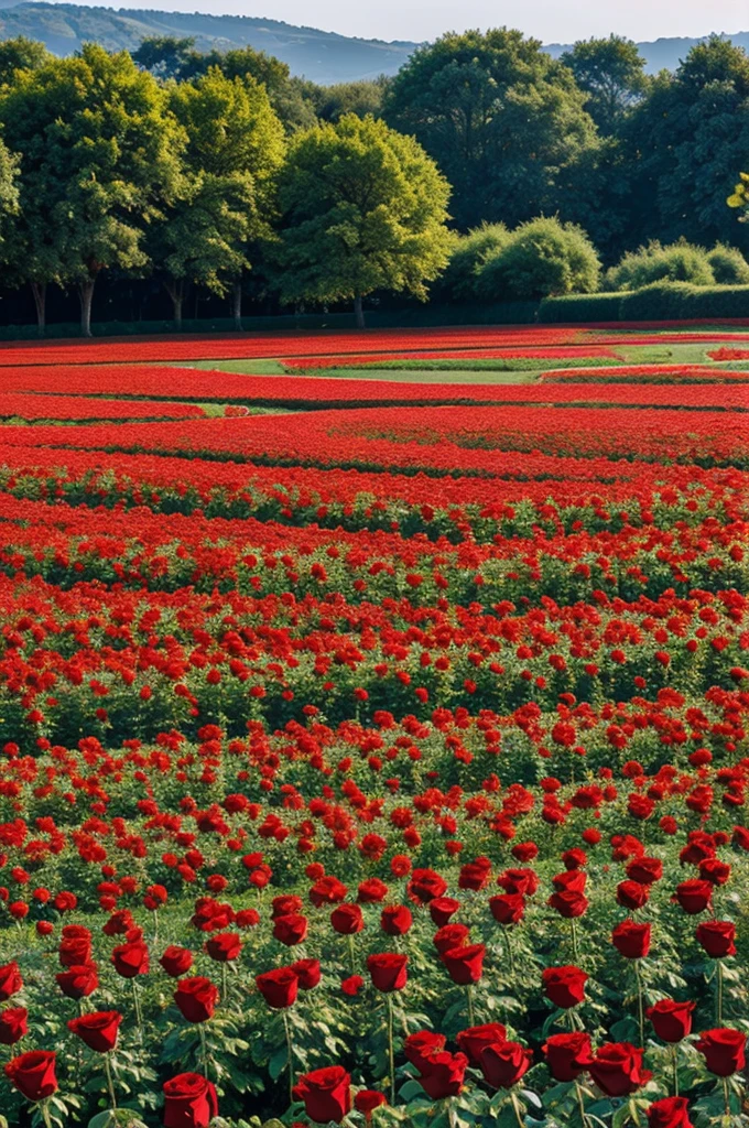 Spectacular field of red roses with a beautiful landscape