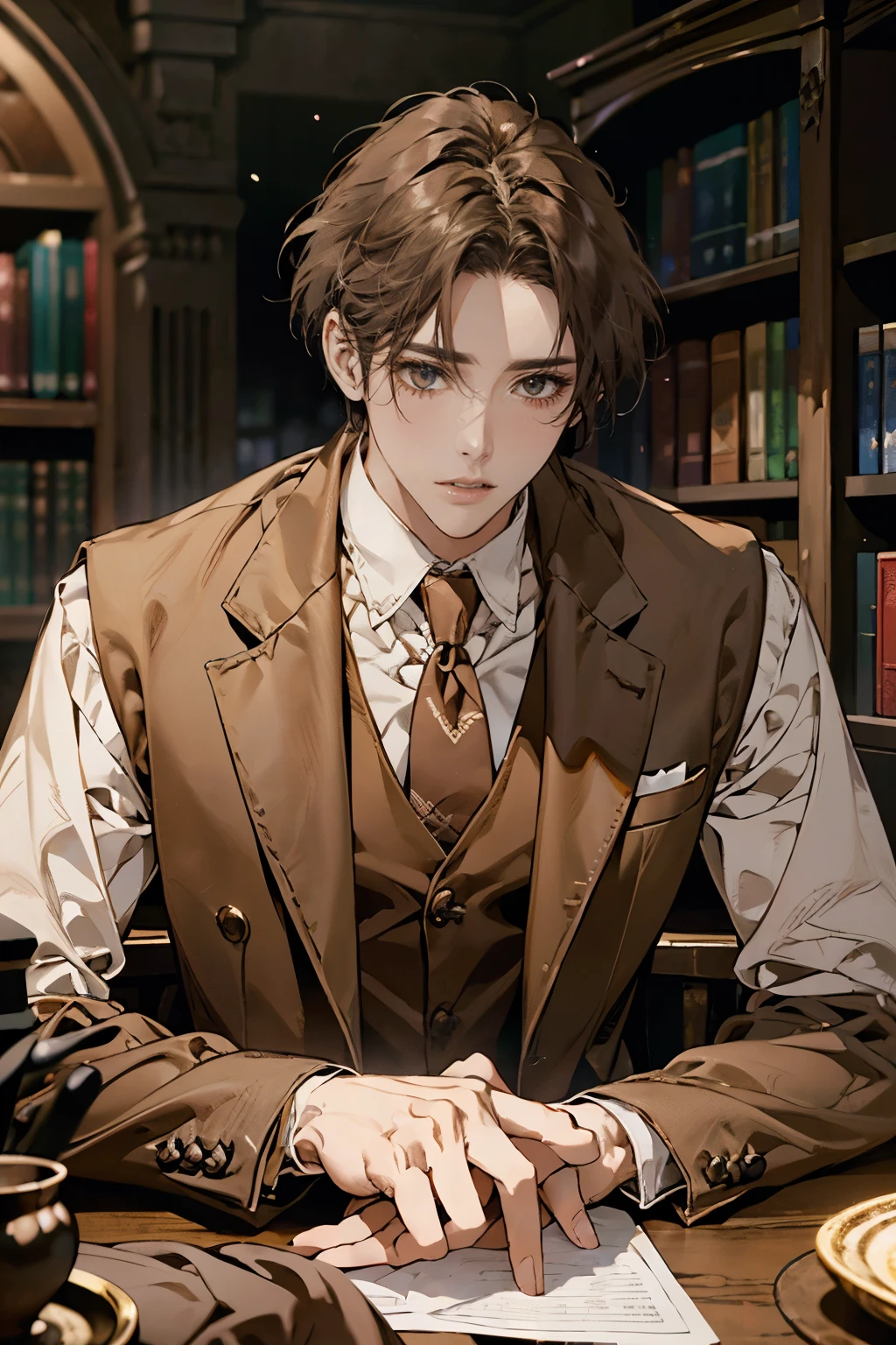 (Masterpiece artwork, high resolution, ultra detali:1.0), (ung boy, young male), Eyes looking at the camera, perfect male body, extremely detailed CG, 8 k wallpaper, Complicated Details, just people, face detailed,(chestnut hair, eyes browns, white shirt, brown overcoat,brown suit vest, cups, shadowy face, Sit in front of the laptop, Behind her is a large bookshelf, sitting at the work table, I was in the workroom), Color difference, Depth of field, dramatic shadow, ray tracing, best qualityer, cinematic lighting, Dark lighting of the room, offcial art