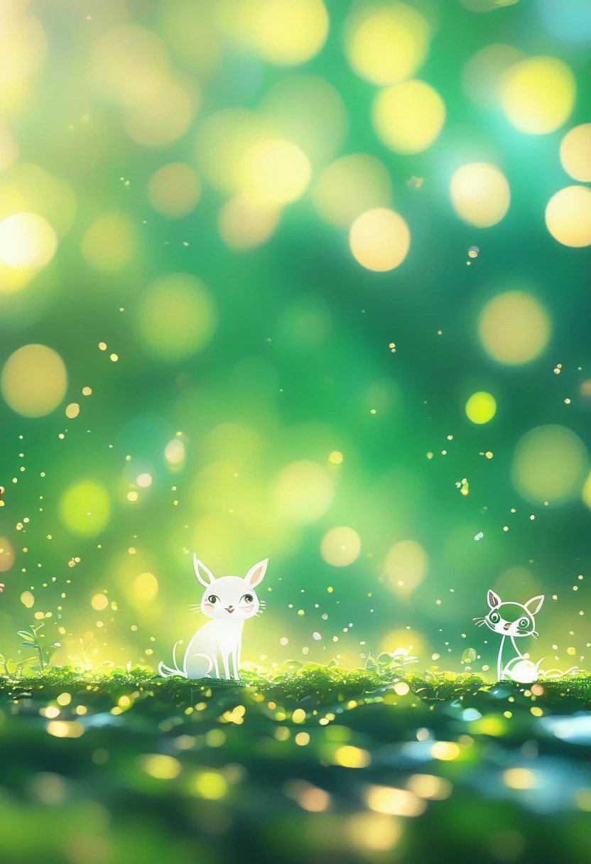 Cartoon animals close-up on green background、Blurred dream picture、Strong bokeh effect