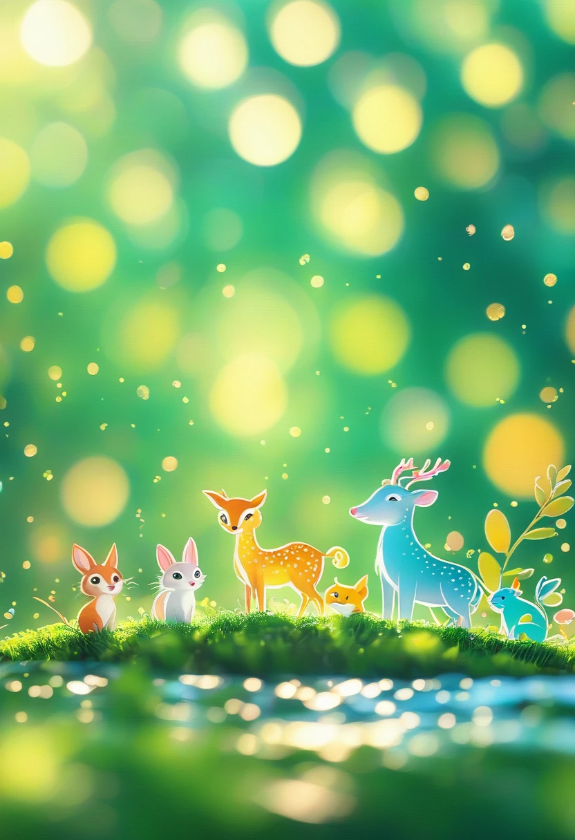 Cartoon animals close-up on green background、Blurred dream picture、Strong bokeh effect