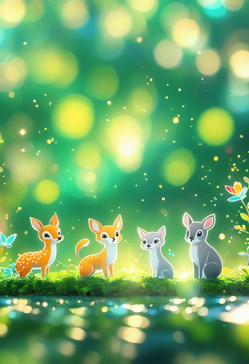 Cartoon animals close-up on green background、Blurred dream picture、Strong bokeh effect