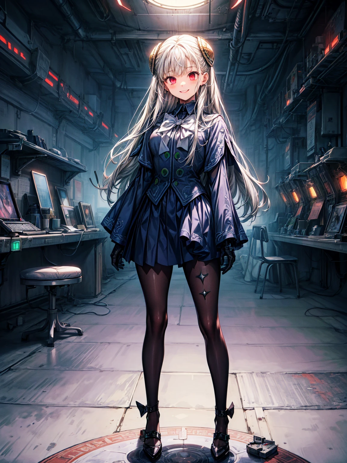 (masterpiece、Highest quality、High resolution)、(Inside the futuristic base:1.6),1 Girl、alone、Ingrid、Hair Pod、gloves、skirt、pantyhose、bow、dress、 eye、(Wicked Smile:1.4)、Anime Style、Evil Bosses、Trampling、Ezvian everywhere,,empty eyes,Mind Control Devices, T, (Enamel Collar:1.4)、full body,