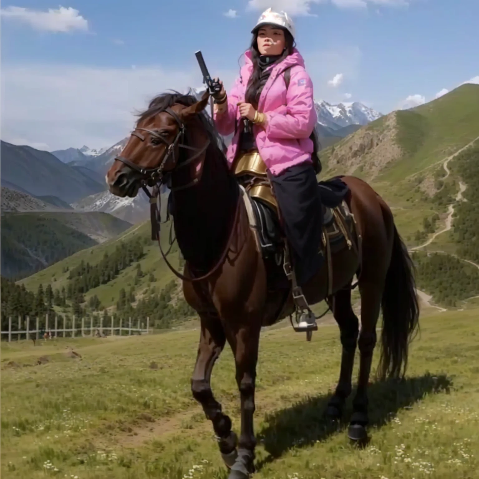 there is a woman Riding a horse in the mountains with a rifle, Kazakh Queen, horse riding, 👰 🏇 ❌ 🍃, horse riding, Riding a horse, horse riding, Driven by horses, Mongolia, Sihors Valley, Mountains in the background, The horse is on top, With mountains as a backdrop, riding a black horse, in a meadow