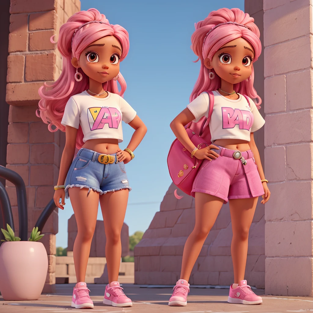 Cute 3D character, a brown skin woman with Mad face in a white cropped t - shirt and a pink purse, y 2 k style, y2k style, thick body, thick hips,wearing a sexy cropped tops, diamond grillz on teeth, pink hair band, black nike short skirt, long straight hair, doja cat, wearing a cropped top, belly button showing, rapper, graphic tees, her belly button is exposed, croptop, y 2 k aesthetic, y2k aesthetic, y 2 k fashion, young lady, album cover