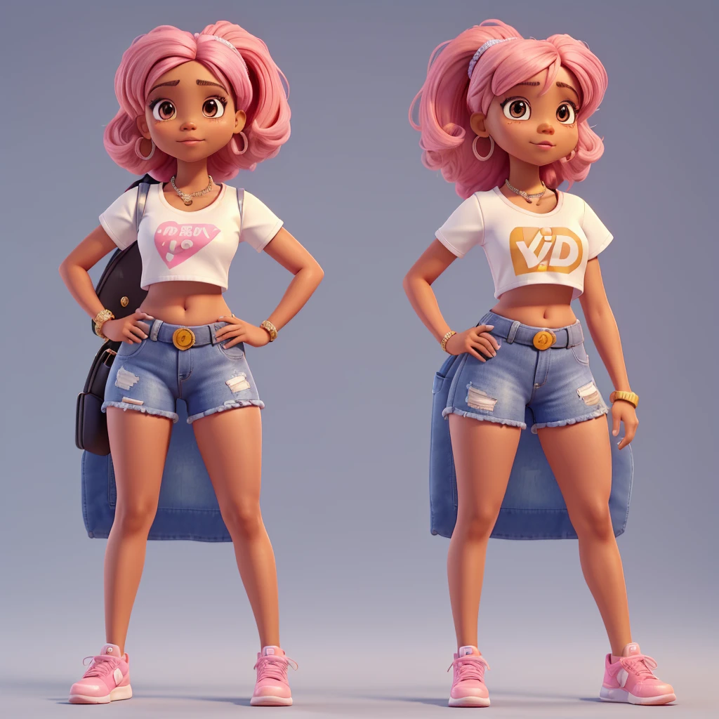 Cute 3D character, a brown skin woman with Mad face in a white cropped t - shirt and a pink purse, y 2 k style, y2k style, thick body, thick hips,wearing a sexy cropped tops, diamond grillz on teeth, pink hair band, black nike short skirt, long straight hair, doja cat, wearing a cropped top, belly button showing, rapper, graphic tees, her belly button is exposed, croptop, y 2 k aesthetic, y2k aesthetic, y 2 k fashion, young lady, album cover