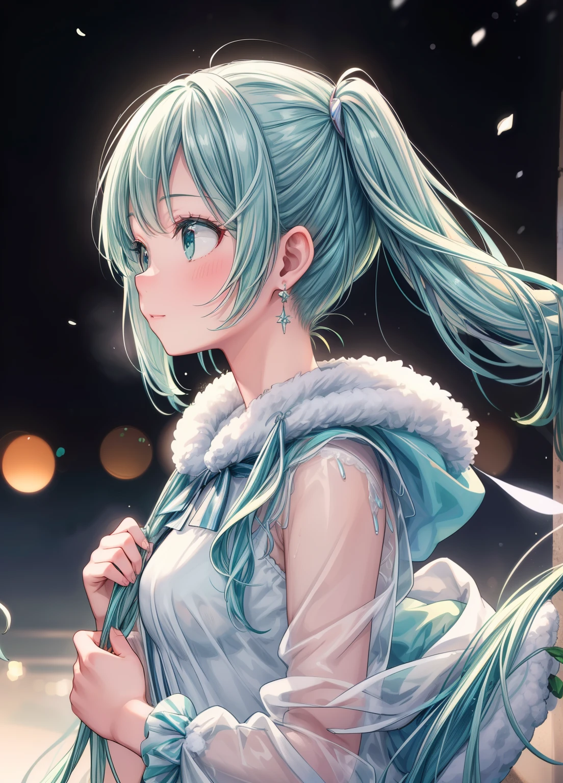 (masterpiece、Highest quality、Highest quality、Official Art、Beautiful and beautiful:1.2)、(1人のgirl:1.3)Hatsune Miku、Twin tails,Beautiful breasts,Perfect functionality, (masterpiece), (Highest quality), Moisturized Skin, Shine肌, (Good quality), Detailed explanation, Earrings, Ray Tracing, (See through), (Bokeh), (Depth Field), girl, white and green hair. Midnight, flowering, Ambient Occlusion, Shine, Shine, Particles of light, transparent, 半transparent, Depth of written boundary, snow, Wind