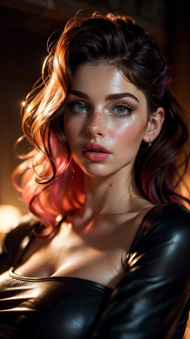 (((ultra realistic))) Photo, masterpiece, top quality, (pale skin), (Ultra detailed face and eyes:1.3), 1 girl, Adult, face portrait of pretty D&D female tiefling sorceress. She has blueish skin, long black curly hair, black eyeliner and eyeshadows, burgundy lipstick, amber eyes, surrounded by stars.in a (very tight) push up bra magical armor, ((Eye makeup, pink mascara)), ((fake detailed lips)), ((Teal wavy hair)), ((Stylish hairstyle)) , ({Gigantic|Big|Huge|Mega|Fake}breasts), (Slim waist). huge cleavage, , focus on humongous cleavage, (Soft) Lighting, (The play of light and shadows), depth of field, bokeh, (special attention to skin detail: 1.3), Detailed oiled leather texture, sweaty skin pores, (very {sweaty|oily} skin). (Erotic atmosphere of the frame. Color range - purple, Pink, Tones), UDR, ((Film grain)), ((rays)), (Glare), ((portrait, close to breasts)) , ultra detailed, tiefling, colored skin, horns, pointy ears, blue skin