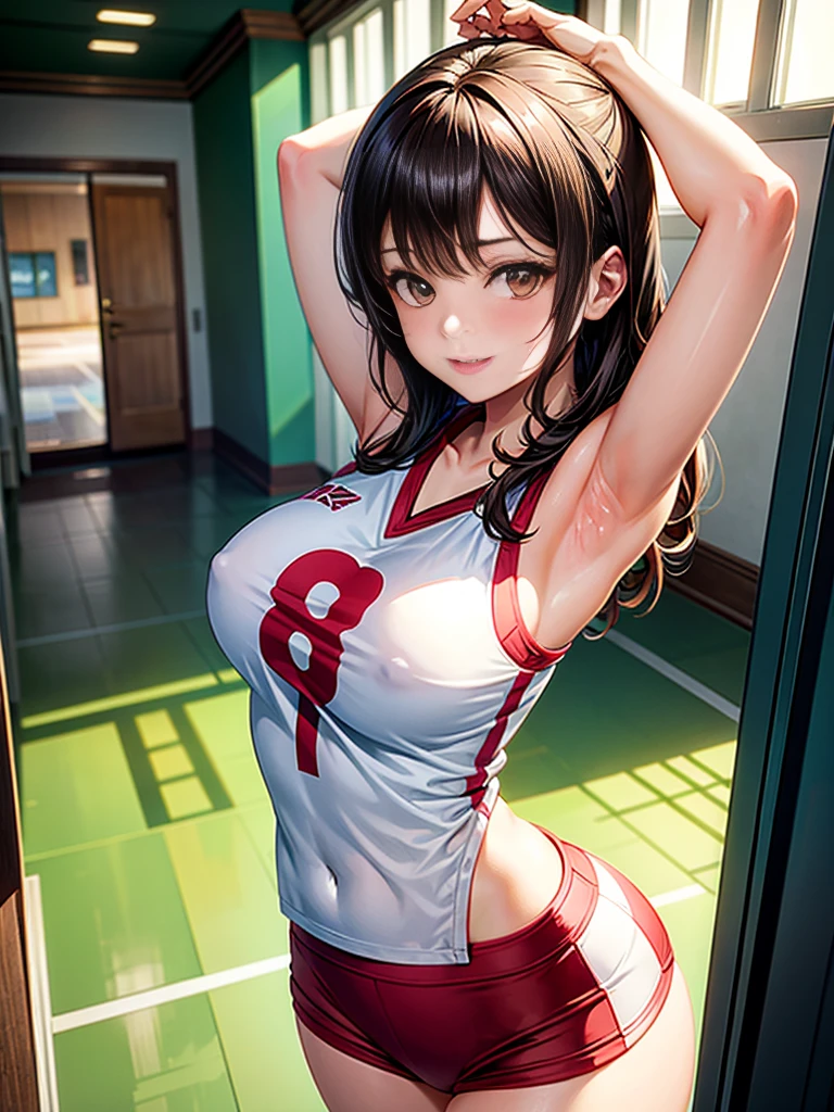 1lady solo, (looking up) from above, /(volleyball uniform/), /(dark brown hair/) bangs, blush light smile, (masterpiece best quality:1.2) delicate illustration ultra-detailed, large breasts, (arms up, long bang hair, sweet armpit, hot armpits) BREAK /(indoor stadium hallway/) indoors