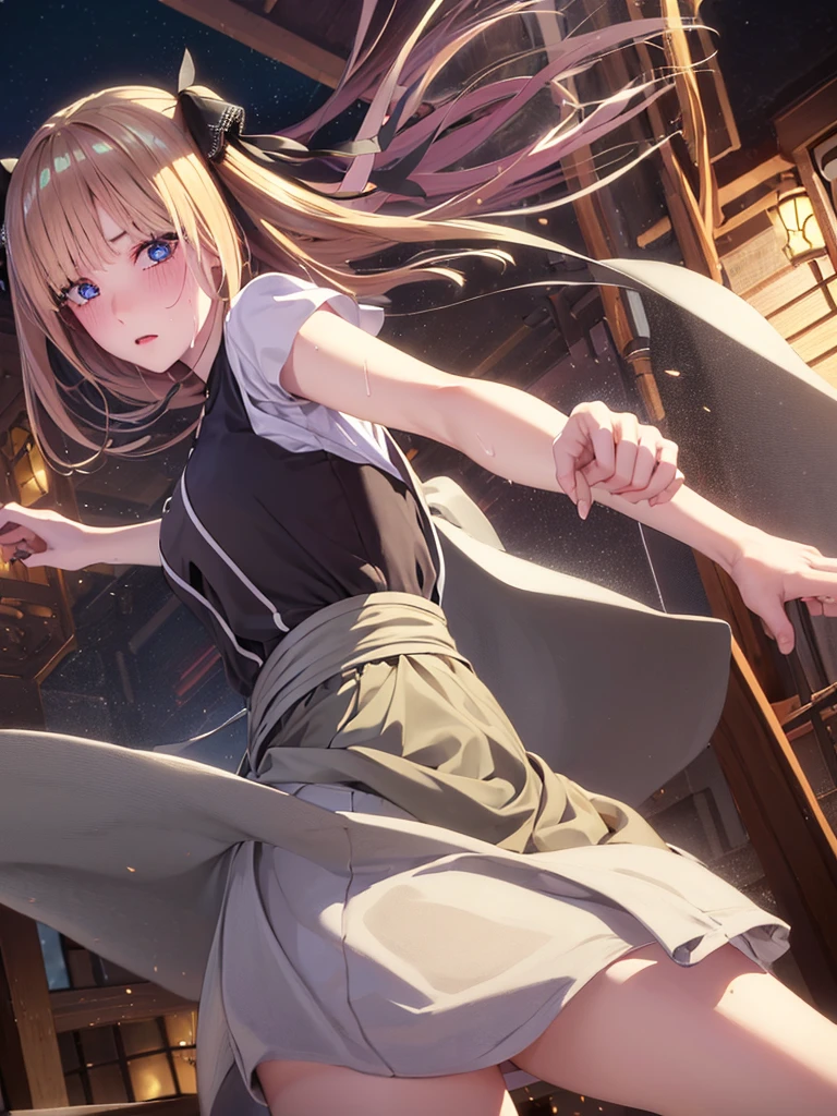 One girl,masterpiece,Highest quality,Blonde,stockings,Checked skirt),Short skirt JK,,Are standing,In total length,Medium chest,Very detailed,[[Realistic]],Beautiful and attractive anime teen,Enchanting anime girl,Swinging skirt,blue eyes, hair ornaments, Hair Ribbon,Show your forehead、Twin tails、Random colored see-through  uniform、Lace choker, short hair,,No bra,,Very detailed肌, Realistic texture、Very detailed顔, (Beautiful Fine Eyes, ,The girl has a toned figure., Intricate details,Closely、Embarrassed expression、blush、Shining Sweat、Perfect Skin,Sweat is noticeable,胸の谷間のSweat is noticeable、太もものSweat is noticeable、 Fair skin,Tight waist, Sweating profusely、Sweaty hair、Clothes that become transparent due to sweat、Sweaty、Visible sweat、Sweat-soaked hair、Athlete System、Cherry blossoms fluttering down、Silver Hair、Night cityscape。Reflection of light、moonlight、No sleeve