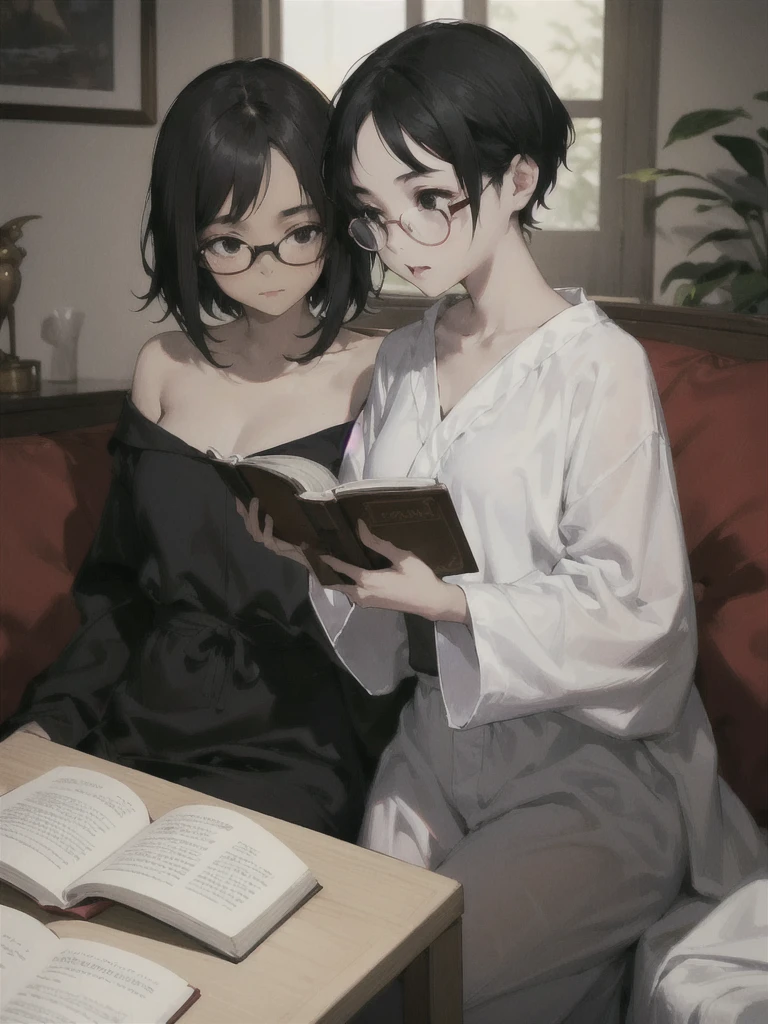 Two girls. The first girl: dark-skinned, African-American, shoulder length black hair, round glasses, dressed in white pajamas, eats potatoes for dinner. Second girl: White skin, Short black hair, dressed in a black robe and black underwear, reading a book at the same table with the First Girl.