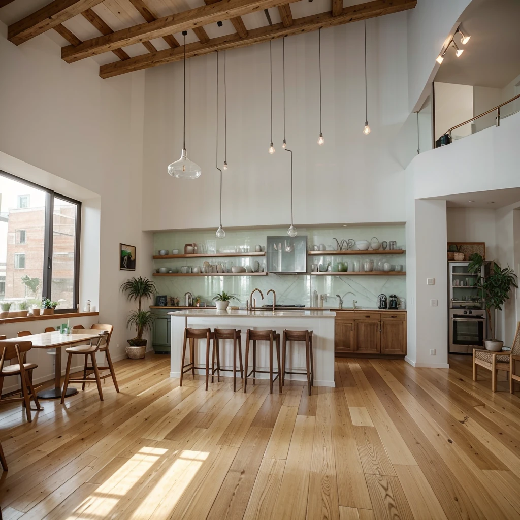 Spacious restaurant with modern interior. Light wood floors and high ceilings with exposed beams. Large floor-to-ceiling windows let in plenty of light, adding to the cozy atmosphere. The walls are painted in pastel colors with minimalist paintings and green potted plants. Furniture: wooden tables and soft chairs in cream and gray tones. Open kitchen with marble counter. Elegant bar with lighting, glass shelves and a variety of drinks.