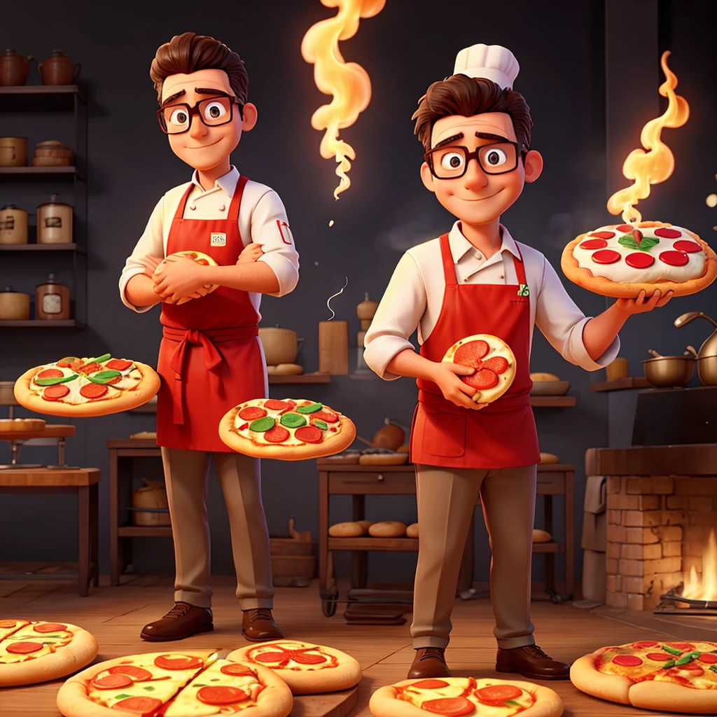 make an image of a chef holding two pizzas he wears glasses and the pizzas are smoking