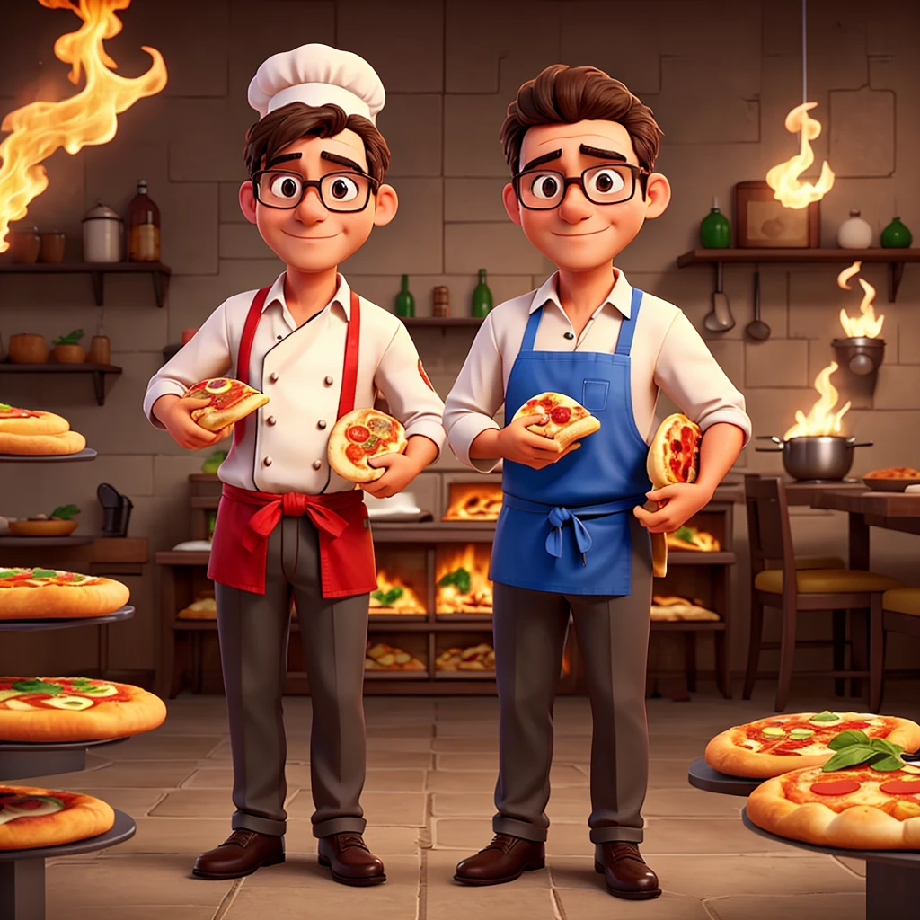 make an image of a chef holding two pizzas he wears glasses and the pizzas are smoking