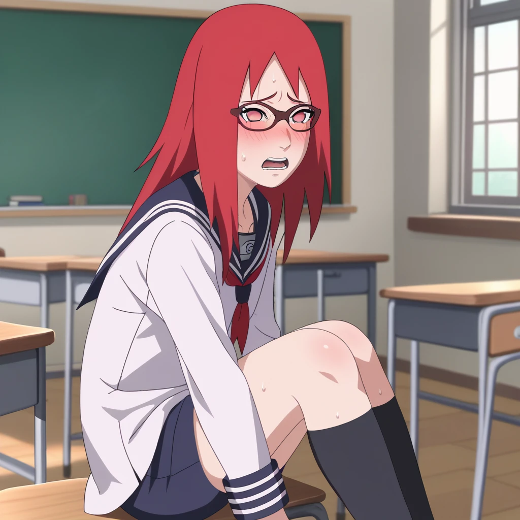 Red hair, 1 Girl, Glasses, Long hair, Red Eyes, Solitary, Sailor Suit, Black over-the-knee stockings, Black shorts, Umbilical cord, Looking at the audience,No students, Japanese cartoons screencap, Japanese cartoons coloring,src_Japanese cartoons,Naruto \(series\), Naruto shippuuden,((blush,nervous,Vision,classroom,bookshelf,sit on the chair,))masterpiece, absurd , (Intricate details), (Colorful), light, Extremely detailed CG Unity 8k wallpaper ,1 Girl, solo,(shy,classroom,night,blush,nervous,Sweating,蕾丝dress, ),sweat,blush,blush1.5,Blush,Medium chest,((dress,Black stockings,)),(dress,Lying in bed,Uncomfortable expression,Mouth open,spit)