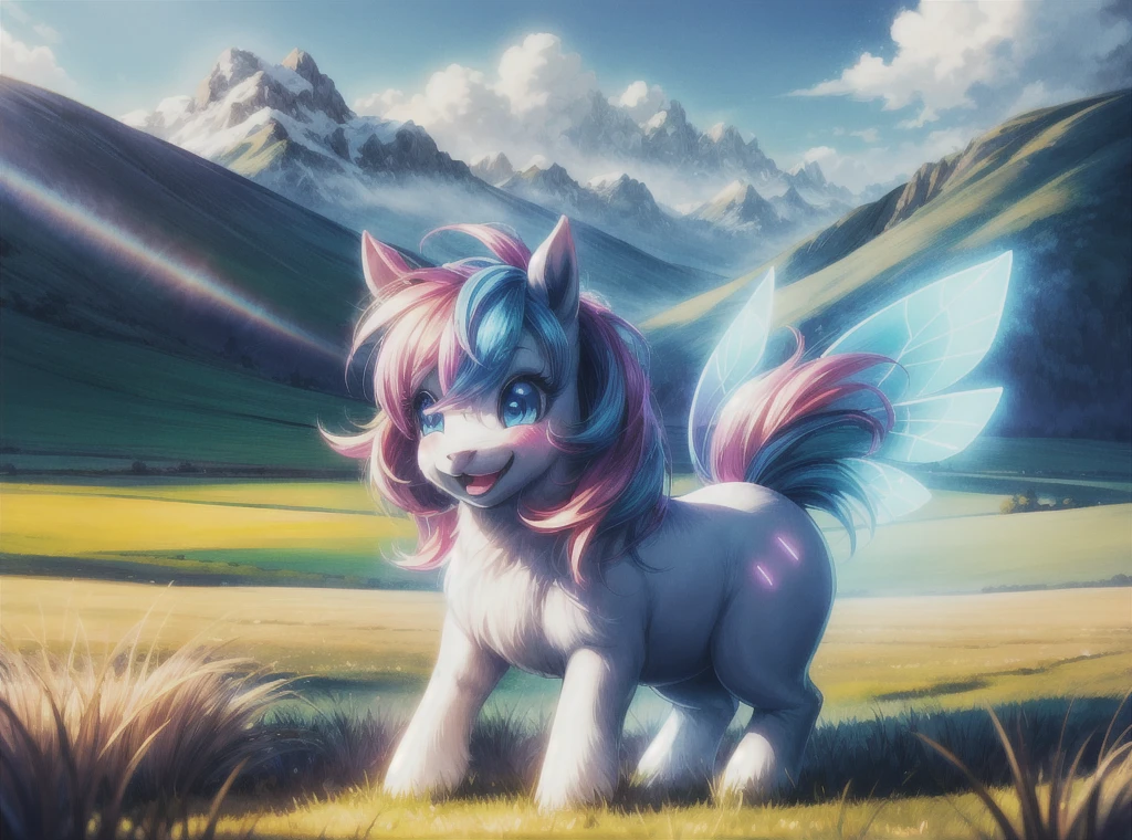 Solo:1.3, (full body), (pony_flutty), cute,
vivid colors, cinematic hard lighting, realistic shadows, detailed textures, dynamic lighting,
detailed eyes, symmetrical face,
blushing, (happy:1.2), large ((blue eyes):1.1), (glowing eyes),
field of grass, vast mountains in the distance,