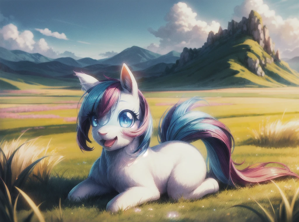 Solo:1.3, (full body), (pony_flutty), cute,
vivid colors, cinematic hard lighting, realistic shadows, detailed textures, dynamic lighting,
detailed eyes, symmetrical face,
blushing, (happy:1.2), large ((blue eyes):1.1), (glowing eyes),
field of grass, vast mountains in the distance,