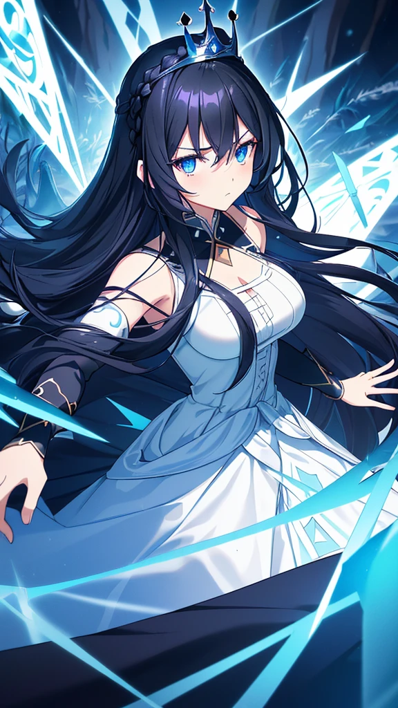 best quality, extremely detailed,anime style girl,long hair down to the waist, straight hair, ((dark black hair with bluish)),crown braid,beautiful detailed eyes, pinched eyes, (dark blue eyes),huge breasts,curvy,((((white main princess battle dress)))),clothing with complex patterns,cool expression,((((mysterious nature)))),((Diagonal angle)),dynamic angle