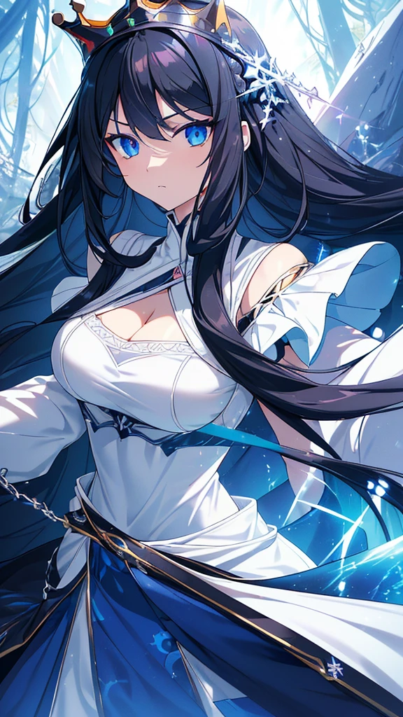 best quality, extremely detailed,anime style girl,long hair down to the waist, straight hair, ((dark black hair with bluish)),crown braid,beautiful detailed eyes, pinched eyes, (dark blue eyes),huge breasts,curvy,((((white main princess battle dress)))),clothing with complex patterns,cool expression,((((mysterious nature)))),((Diagonal angle)),dynamic angle