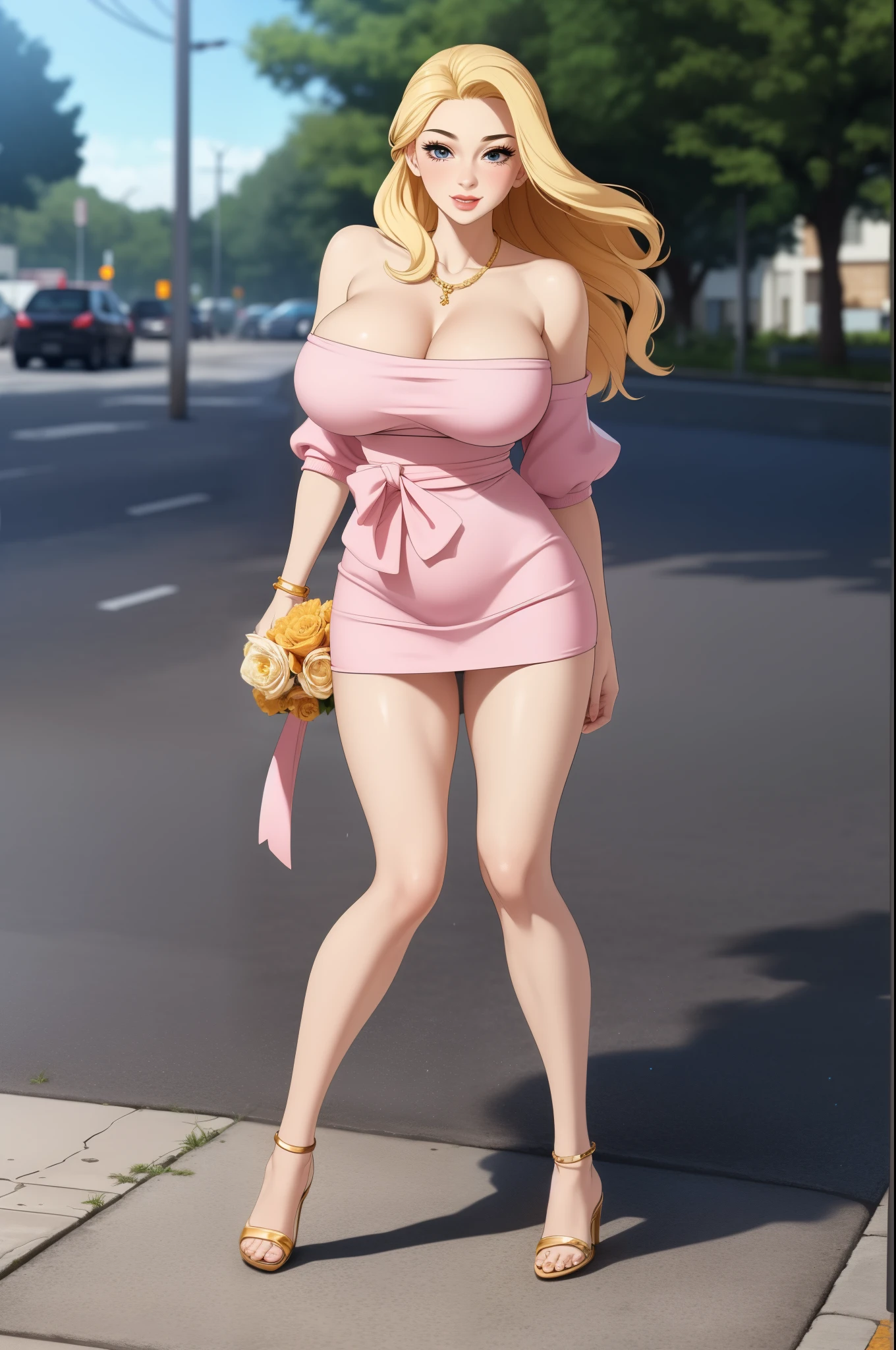 An extremely beautiful stunning woman with a perfect busty body, gold blonde long silky hair, big blue eyes, extremely super bright snow white fair stunning flawless glowing lush shiny flawless white skin, a perfect tight hourglass figure, and a skinny waist, sexy thick smooth luscious legs and thighs, extremely cute smile on the face, bright pink blushes on cheeks, wearing a short tight revealing white floral dress along, a pink sash around the waist and a brown off-shoulder sweater, yellow heels, gold necklace on the neck, gold anklets on feet, gold chain on the waist, standing straight, holding a red roses bouquet, street in the background, show full body from head to feet.