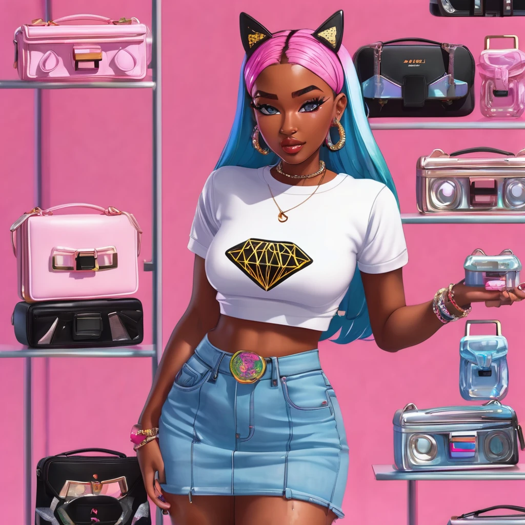 Cute 3D character, a brown skin woman with Mad face in a white cropped t - shirt and a pink purse, y 2 k style, y2k style, thick body, thick hips,wearing a sexy cropped tops, diamond grillz on teeth, pink hair band, black nike short skirt, long straight hair, doja cat, wearing a cropped top, belly button showing, rapper, graphic tees, her belly button is exposed, croptop, y 2 k aesthetic, y2k aesthetic, y 2 k fashion, young lady, album cover