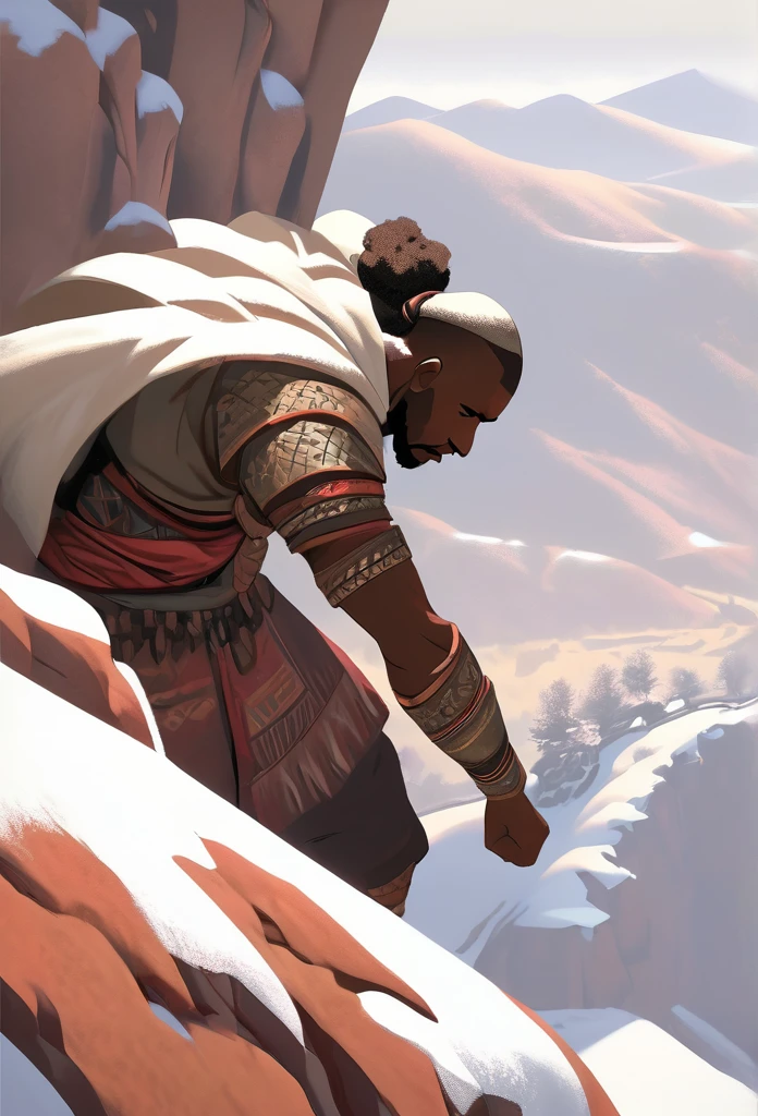 Ultra Realistic, Highly Defined Details, Snowy Mountains Cliff, Detailed Hands, Climbing On Hands and knees, Shadowy Distant Back Drop, Mellow Color Shading Capturing the Mode, Young Adult African Male Villager, Bent Over, Climbing With Hands, Snowy Mountain Peaks, Windy Snow, On Hands and Knees Climbing Ultra Realistic, Highly Defined Details, Climbing a Cliff Distant View, Mellow Color Shading Capturing the Mode, Young Adult African Male Villager, View Of the Valley Below, Bone chest plate armor, Lightly armored belt buckle dagger in a sheath, Bone carved Hilt, Long Curved Sword Wrapped in Crimson Cloth Worn On Back, Dark Torn Crimson Cloak, Climbing In The Windy Sean, Leaves Blowing, Climbing In Cravas, Climbing With Hands, reaching the Sumit, Snowy Mountain Peak View, Top of the mountain