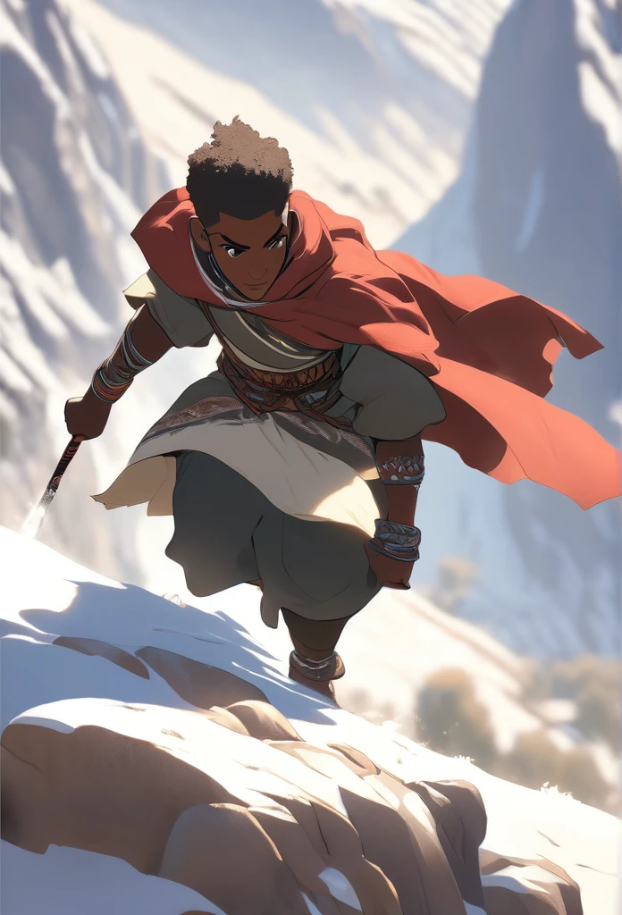 Ultra Realistic, Highly Defined Details, Snowy Mountains Cliff, Detailed Hands, Climbing On Hands and knees, Shadowy Distant Back Drop, Mellow Color Shading Capturing the Mode, Young Adult African Male Villager, Bent Over, Climbing With Hands, Snowy Mountain Peaks, Windy Snow, On Hands and Knees Climbing Ultra Realistic, Highly Defined Details, Climbing a Cliff Distant View, Mellow Color Shading Capturing the Mode, Young Adult African Male Villager, View Of the Valley Below, Bone chest plate armor, Lightly armored belt buckle dagger in a sheath, Bone carved Hilt, Long Curved Sword Wrapped in Crimson Cloth Worn On Back, Dark Torn Crimson Cloak, Climbing In The Windy Sean, Leaves Blowing, Climbing In Cravas, Climbing With Hands, reaching the Sumit, Snowy Mountain Peak View, Top of the mountain 