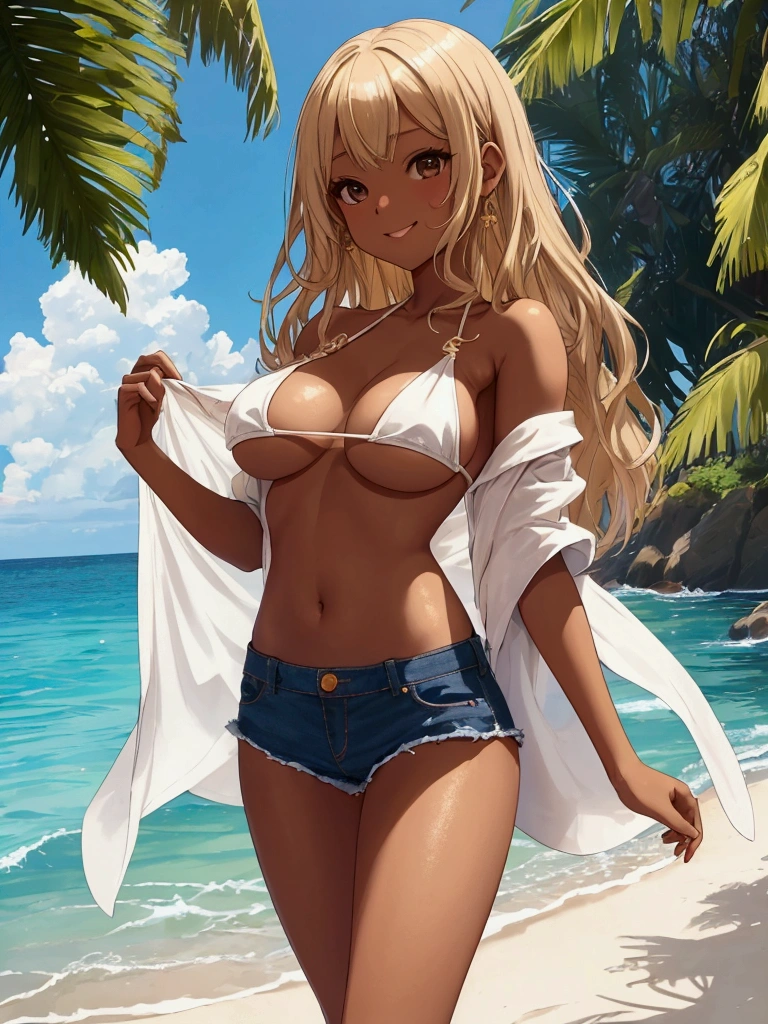 girl，（masterpiece，Highest quality），Street，(Completely naked)，Bare shoulders、gal、blondes、smile、passionate、long hair、(underboob)，Big Breasts，Cleavage，Mini tube top、looking at the camera、shoeicro Mini Denim Shorts(Open button)，solo、Are standing、barefoot 、Standing posture、(Brown Skin)、Swimwear、human