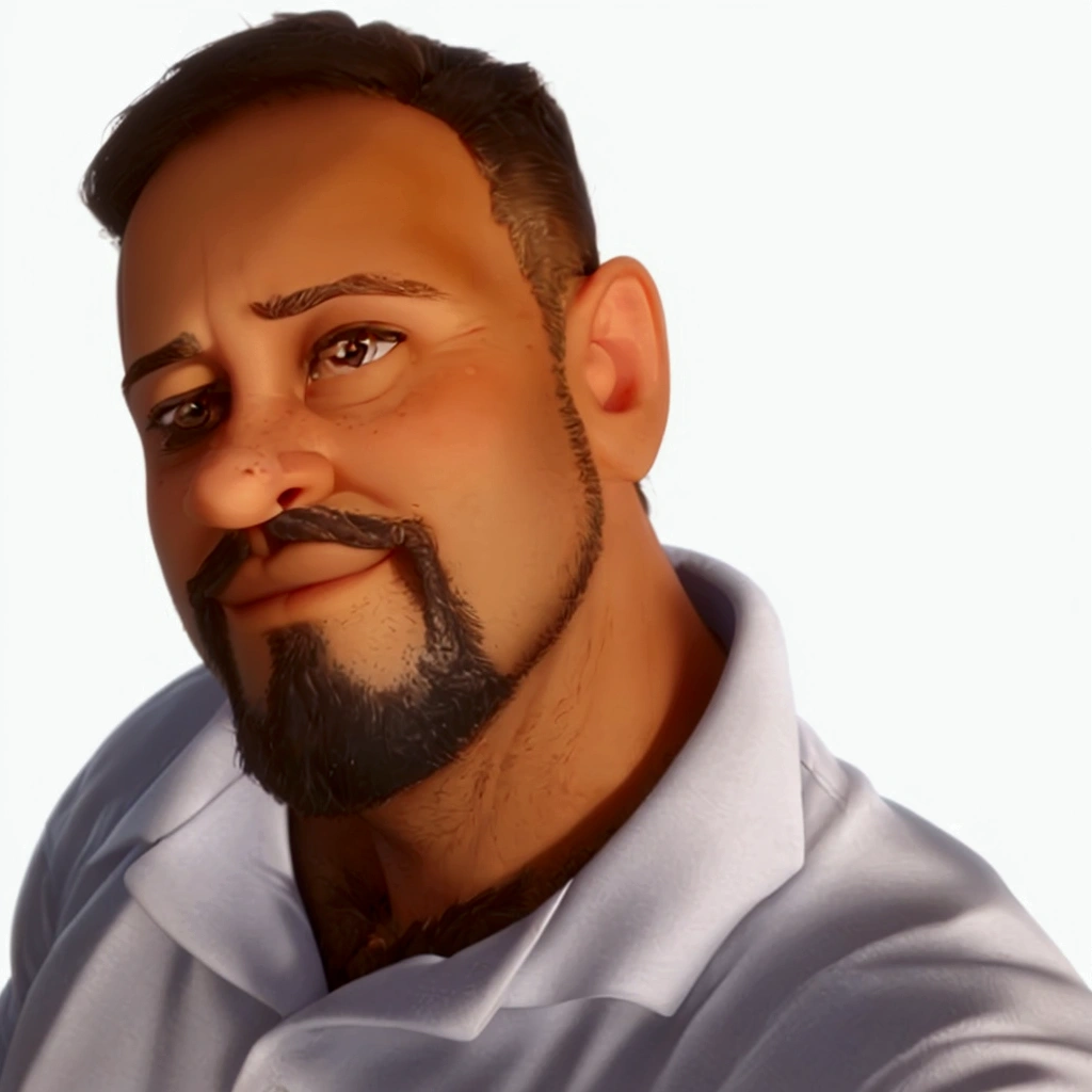 3D pixar Disney style, a close-up of a young person, wearing a black polo shirt, With light brown eyes, no wrinkles on the forehead, nice nose, with mustache and small beard, with sideburns connecting the beard.