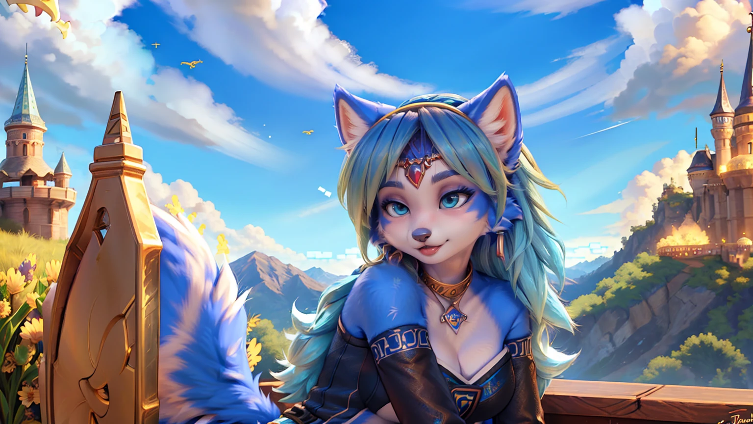 A beautiful and detailed (sweet picture) of ((Krystal)), Star Fox Krystal,  green eyes, medium breasts, (((Long blue hair 1.3))),  anthro, furry, (of Fluff-Kevlar, Bayard Wu, Personalami, Pino Daeni),  detailed fluffy fur, detailed face, (fluffy), 1 girl, alone, Haare bedecken ein Auge:1.4, (((geht über ein Feld mit hohem Gras :1.3))), (((schaut in den himmel:1.4))),