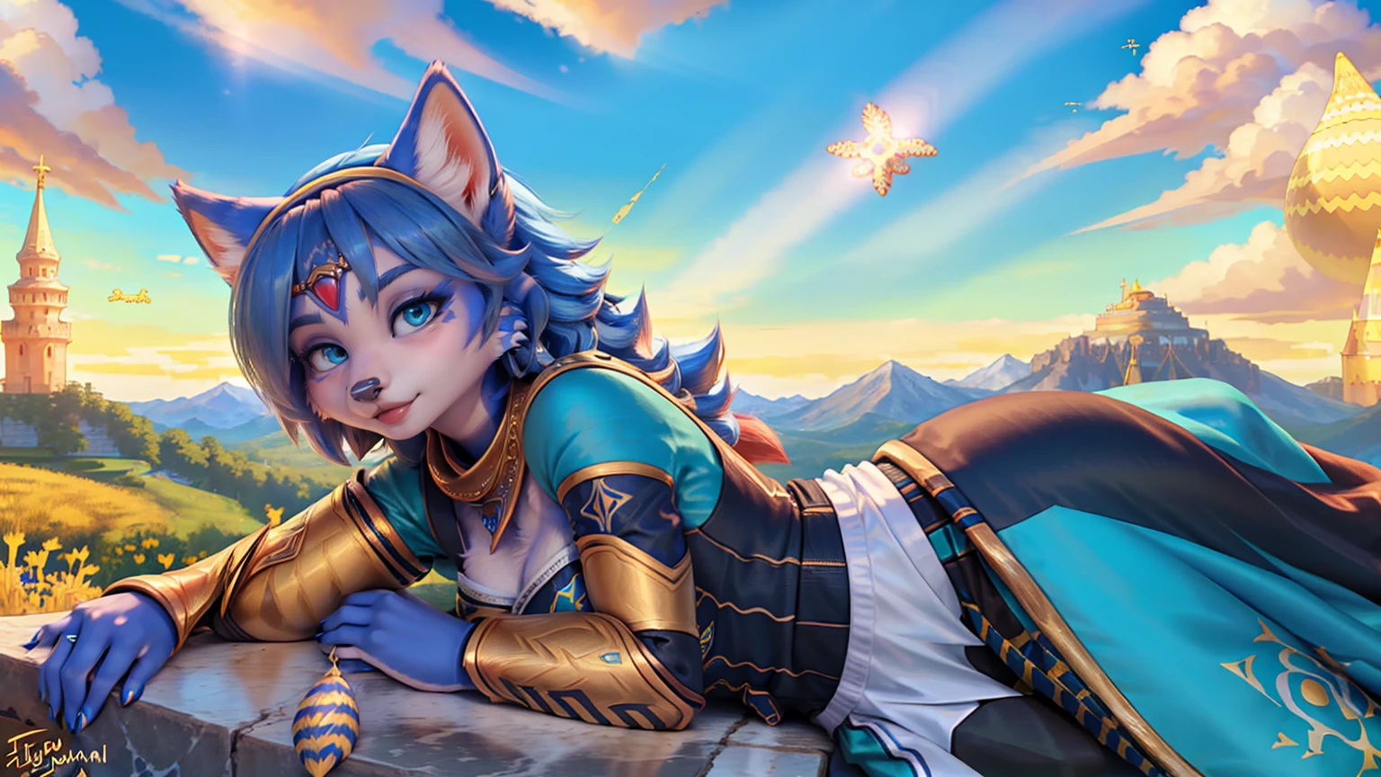 A beautiful and detailed (sweet picture) of ((Krystal)), Star Fox Krystal,  green eyes, medium breasts, (((Long blue hair 1.3))),  anthro, furry, (of Fluff-Kevlar, Bayard Wu, Personalami, Pino Daeni),  detailed fluffy fur, detailed face, (fluffy), 1 girl, alone, Haare bedecken ein Auge:1.4, (((geht über ein Feld mit hohem Gras :1.3))), (((schaut in den himmel:1.4))),