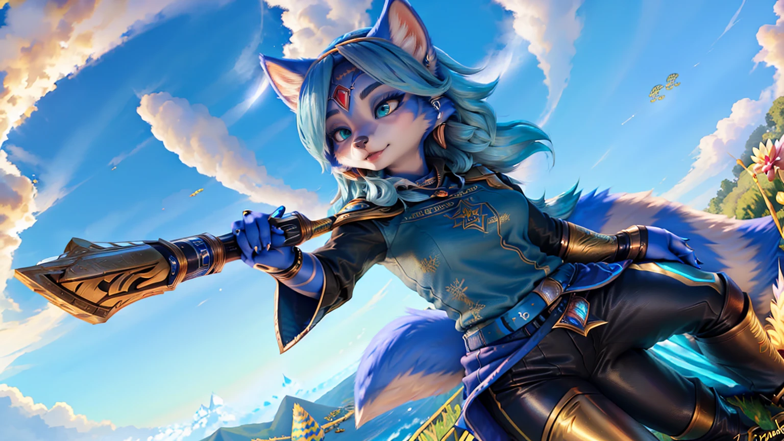 A beautiful and detailed (sweet picture) of ((Krystal)), Star Fox Krystal,  green eyes, medium breasts, (((Long blue hair 1.3))),  anthro, furry, (of Fluff-Kevlar, Bayard Wu, Personalami, Pino Daeni),  detailed fluffy fur, detailed face, (fluffy), 1 girl, alone, Haare bedecken ein Auge:1.4, (((geht über ein Feld mit hohem Gras :1.3))), (((schaut in den himmel:1.4))),
