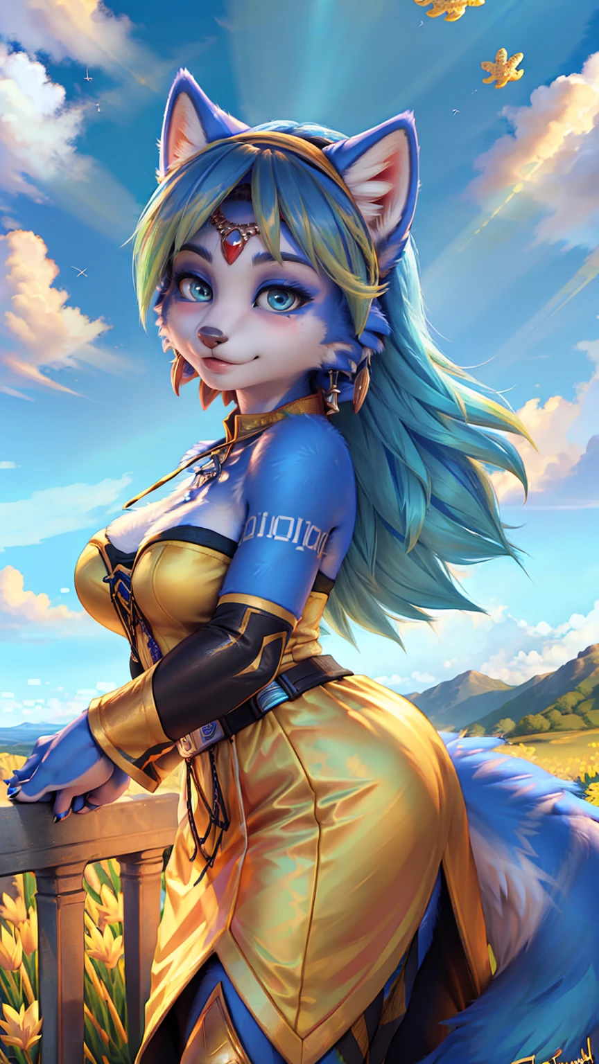 A beautiful and detailed (sweet picture) of ((Krystal)), Star Fox Krystal,  green eyes, medium breasts, (((Long blue hair 1.3))),  anthro, furry, (of Fluff-Kevlar, Bayard Wu, Personalami, Pino Daeni),  detailed fluffy fur, detailed face, (fluffy), 1 girl, alone, Haare bedecken ein Auge:1.4, (((geht über ein Feld mit hohem Gras :1.3))), (((schaut in den himmel:1.4))),