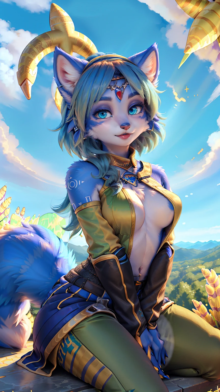 A beautiful and detailed (sweet picture) of ((Krystal)), Star Fox Krystal,  green eyes, medium breasts, (((Long blue hair 1.3))),  anthro, furry, (of Fluff-Kevlar, Bayard Wu, Personalami, Pino Daeni),  detailed fluffy fur, detailed face, (fluffy), 1 girl, alone, Haare bedecken ein Auge:1.4, (((geht über ein Feld mit hohem Gras :1.3))), (((schaut in den himmel:1.4))),