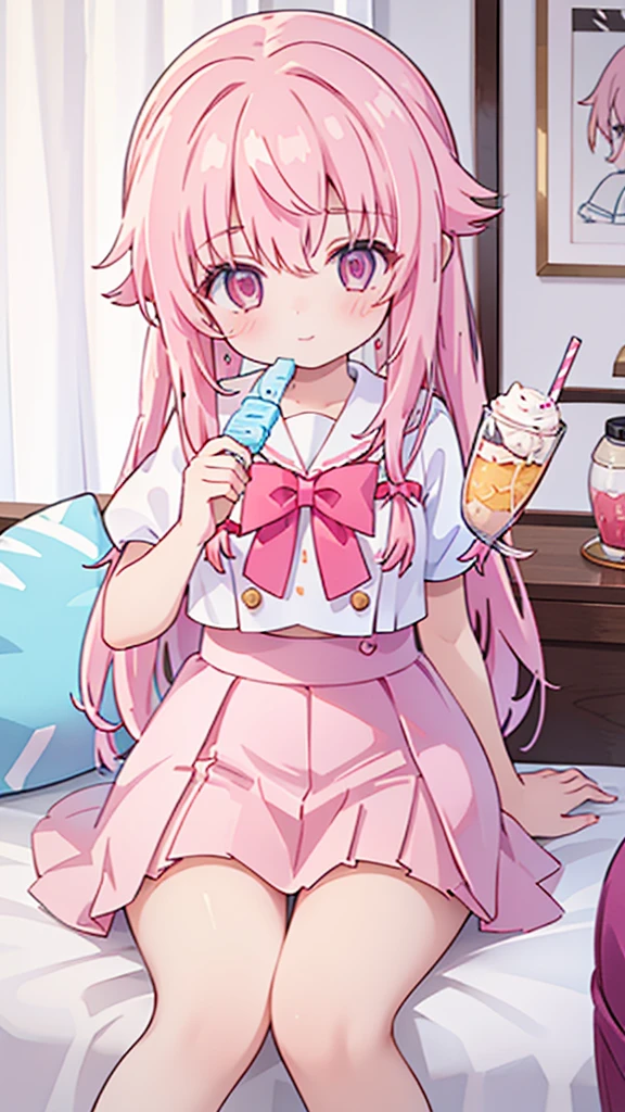 1girl,while holding an icecream, pink hair, pink eyes with love, detailed eyes, straight hair, straight bangs, shiny hair,
,red bowtie,purple skirt,purple shirt,pleated skirt,short sleeves,looking at the viewer, high-definition,masterpiece,best quality, masterpiece, best quality, high resolution, aabeta, double, sitting on a pink white bed, slim waist, cute, sailor uniform, super close up selfie  (PastelColors: 1.3) while holding an icecream 