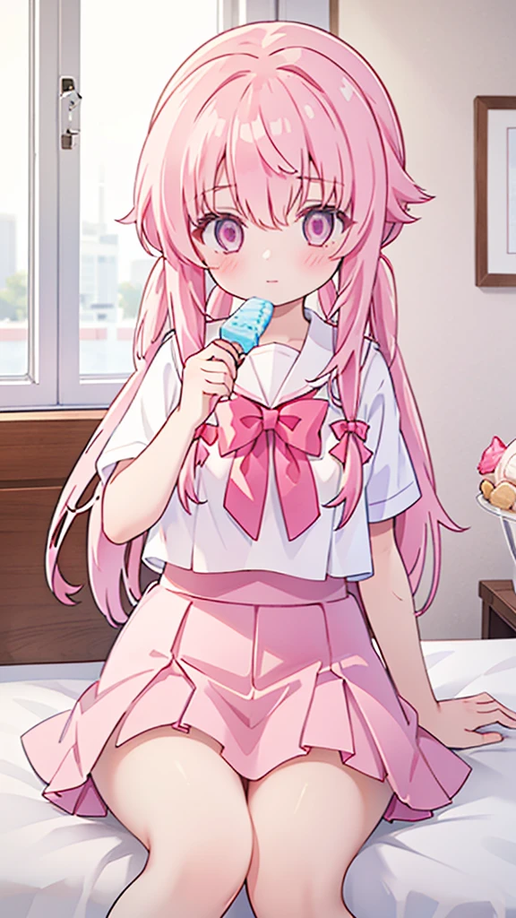 1girl,while holding an icecream, pink hair, pink eyes with love, detailed eyes, straight hair, straight bangs, shiny hair,
,red bowtie,purple skirt,purple shirt,pleated skirt,short sleeves,looking at the viewer, high-definition,masterpiece,best quality, masterpiece, best quality, high resolution, aabeta, double, sitting on a pink white bed, slim waist, cute, sailor uniform, super close up selfie  (PastelColors: 1.3) while holding an icecream 