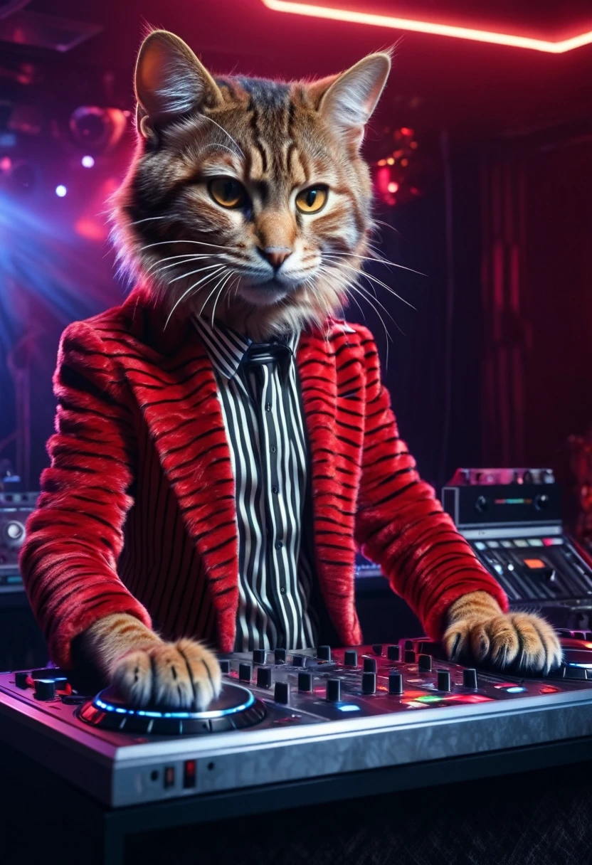 a stylish anthropomorphic cat DJ wearing fashionable clothes, with light red fur and stripes, at a disco player's console, the console has the inscription "The RED", detailed facial features, hyperrealistic, 8k, extremely detailed, cinematic lighting, vibrant colors, award-winning photography