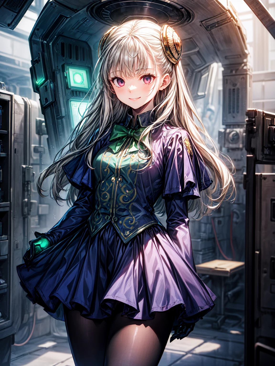 12k,(masterpiece、Highest quality、High resolution)、(Inside the futuristic base:1.6),1 Girl、alone、Ingrid、Hair Pod、gloves、skirt、pantyhose、bow、dress、 eye、(Wicked Smile:1.4)、Anime Style、Evil Bosses、,empty eyes,Mind Control Devices, T, (Enamel Collar:1.4)、full body,